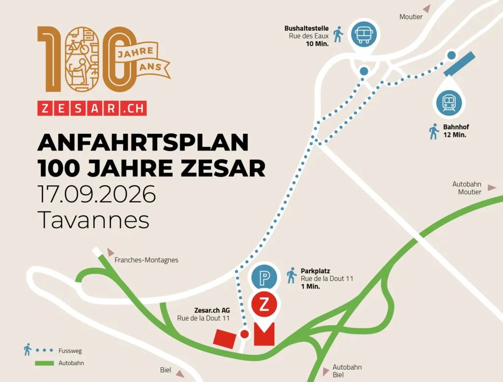 Anfahrtsplan 100 Jahre Zesar, 17. September 2026, Tavannes