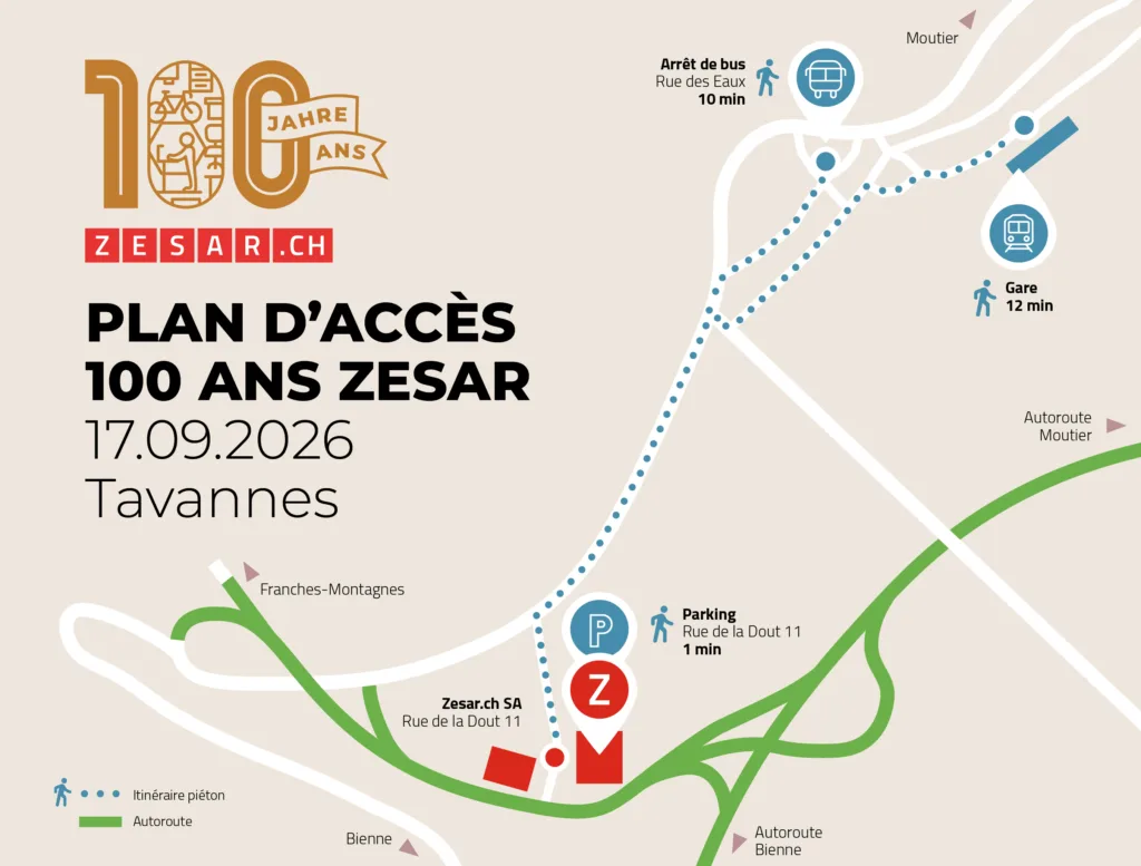 Plan d'accès 100 ans Zesar, 17 septembre 2026, Tavannes