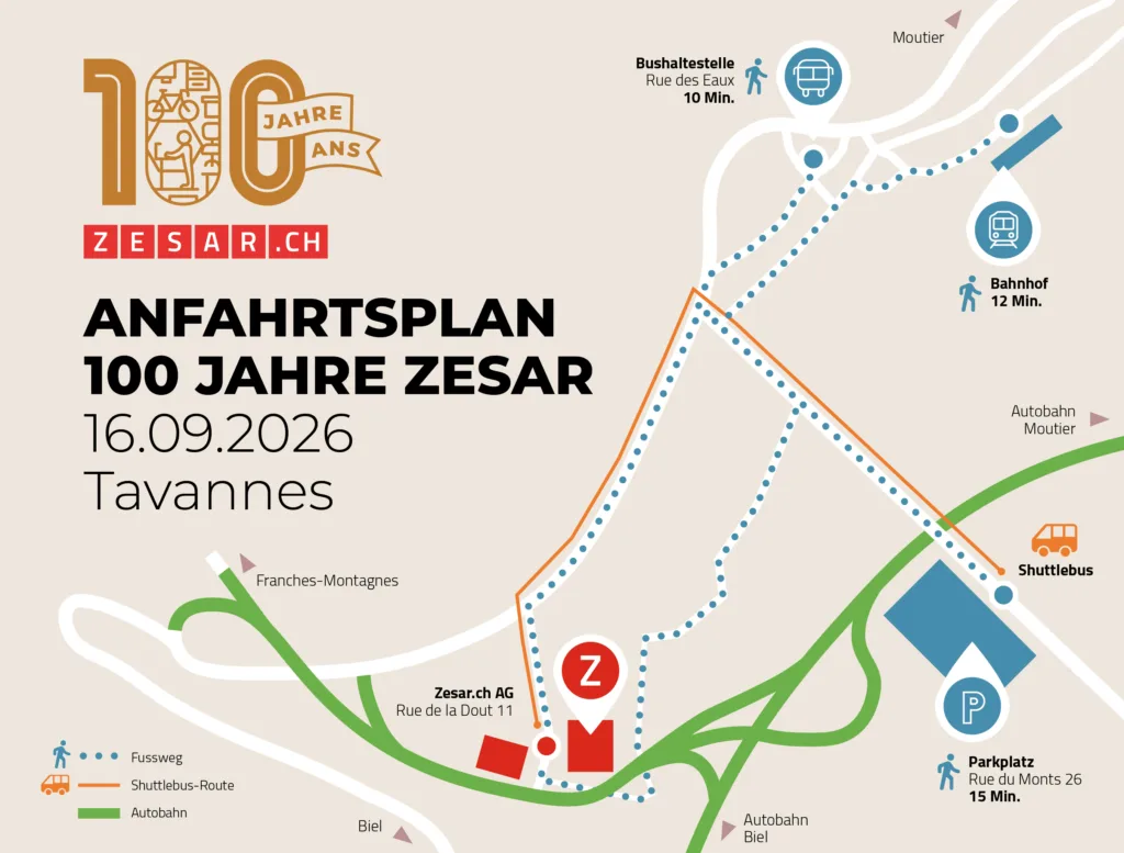 Anfahrtsplan 100 Jahre Zesar, 16. September 2026, Tavannes