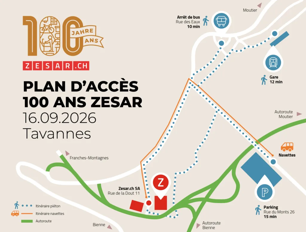 Plan d'accès 100 ans Zesar, 16 septembre 2026, Tavannes