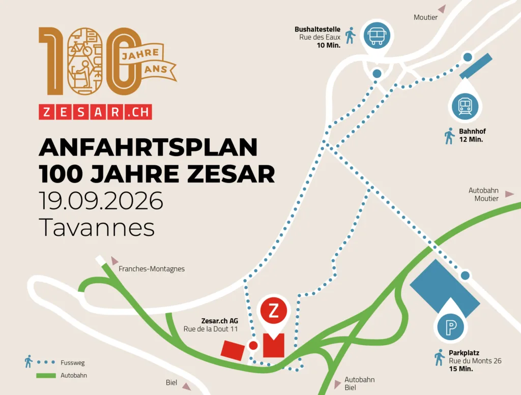 Anfahrtsplan 100 Jahre Zesar, 19. September 2026, Tavannes