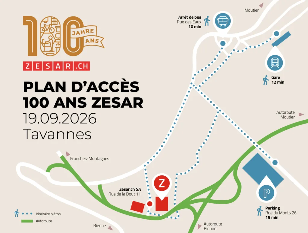 Plan d'accès 100 ans Zesar, 19 septembre 2026, Tavannes